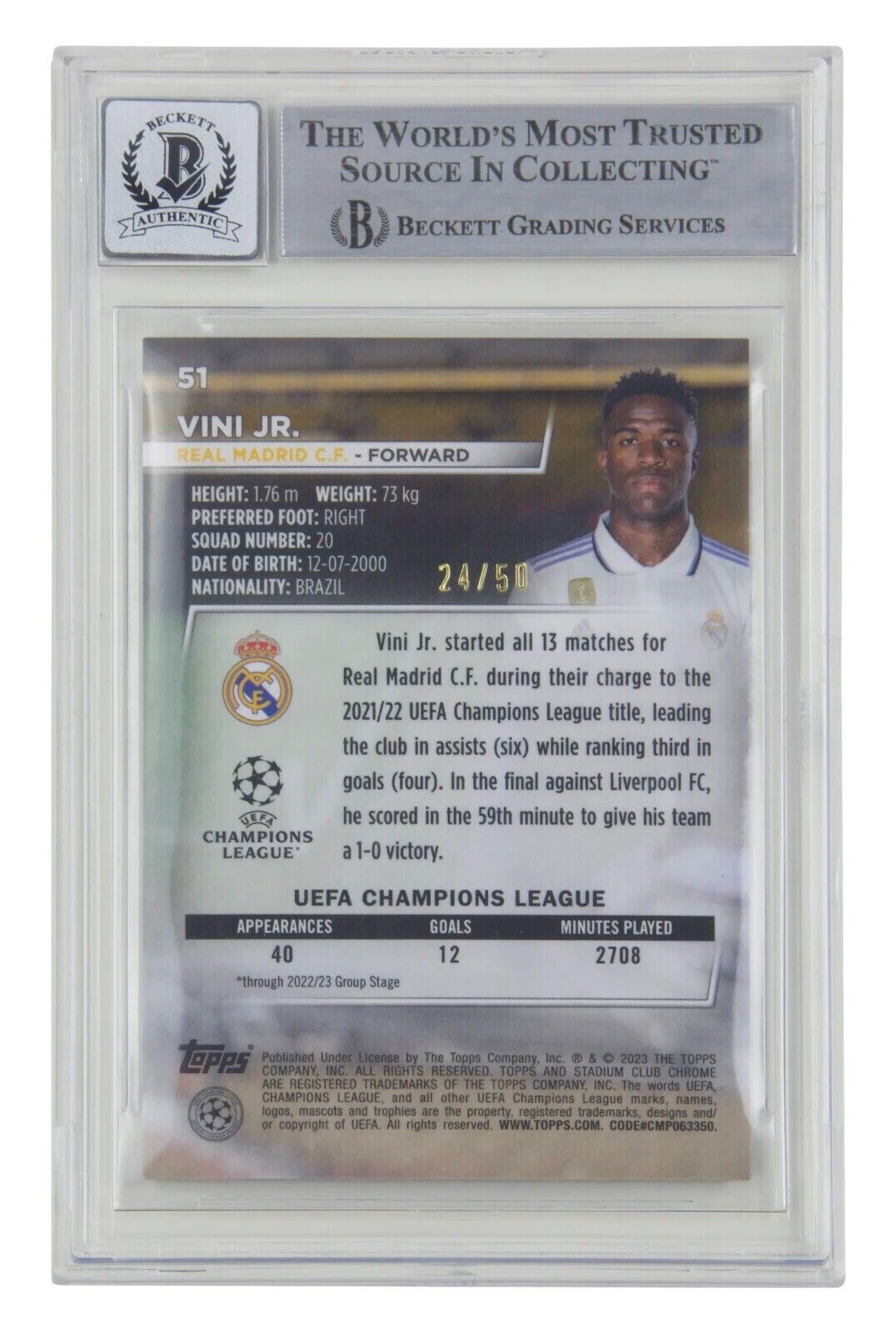 Vinicius Jr Signed 2022-23 Topps Stadium Club Chrome Gold /50 – BGS 10 Autograph